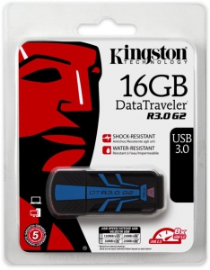 Флеш накопитель 16GB Kingston DataTraveler R3.0, USB 3.1, резиновый, Синий/Черный (DTR30G2/16GB)